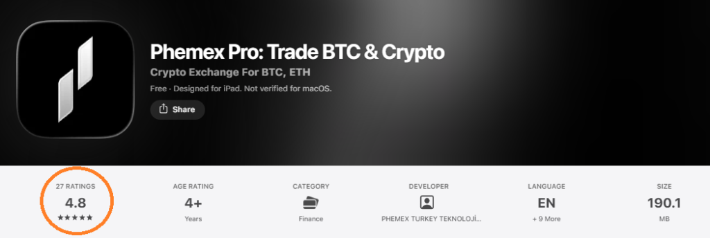 Phemex iOS App Rating