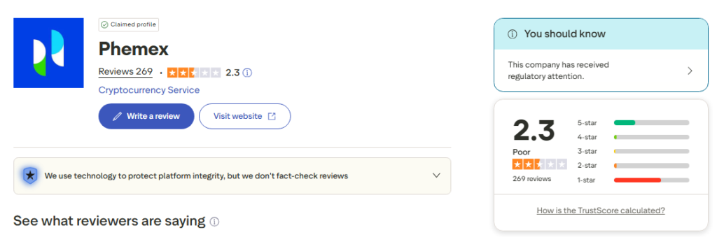 Phemex Trustpilot Rating